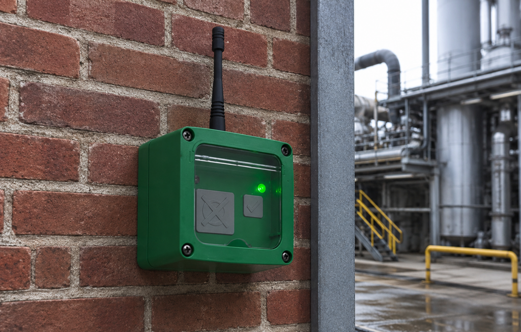 Wireless call point transmitter mounted on brick wall